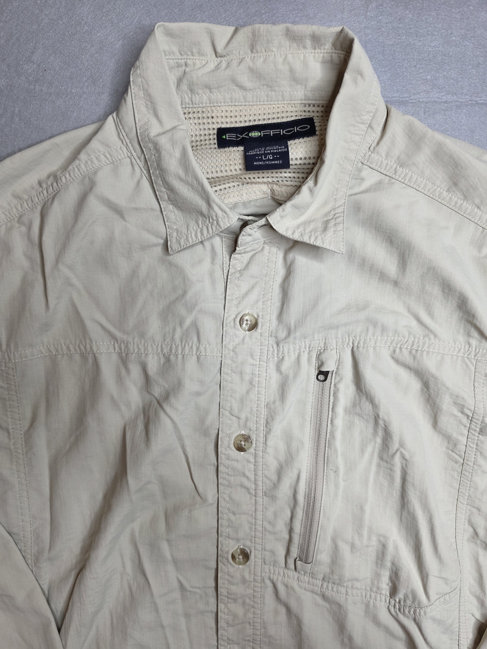 Exofficio Men Long Sleeve Vented Shirt size Large Tan Beige Button Up Zip Pocket